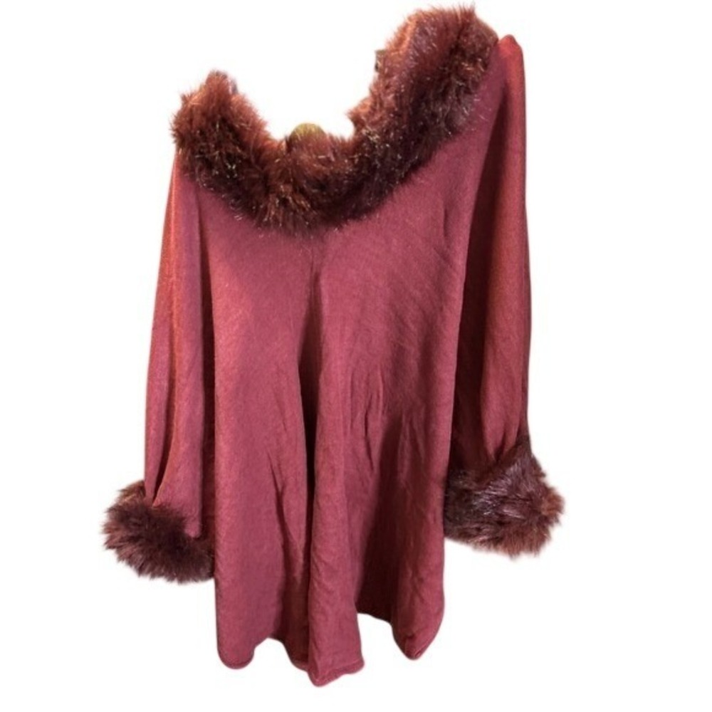 Soft Fuzzy Red Jacquard Knit Open Front Poncho Shawl Cardigan